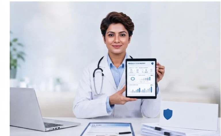 A female doctor in a white coat, with hands clasped, presenting a tablet with a detailed 'Revenue Cycle Report' and charts.