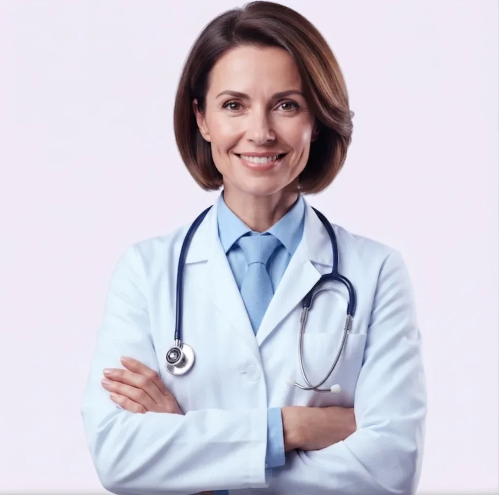A professional portrait of a smiling female doctor with a stethoscope around her neck and arms crossed, wearing a white lab coat over a light blue shirt and tie.