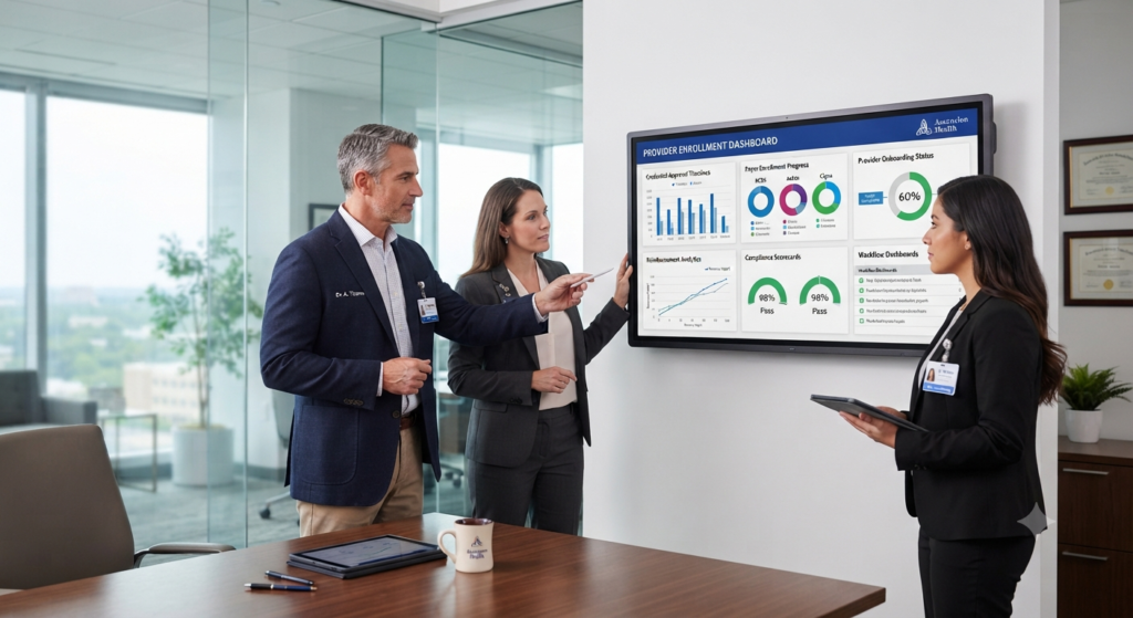 A diverse team of four healthcare professionals (two doctors, a nurse, and an administrator) collaborating in a modern hospital atrium while viewing a holographic revenue cycle analytics dashboard.
