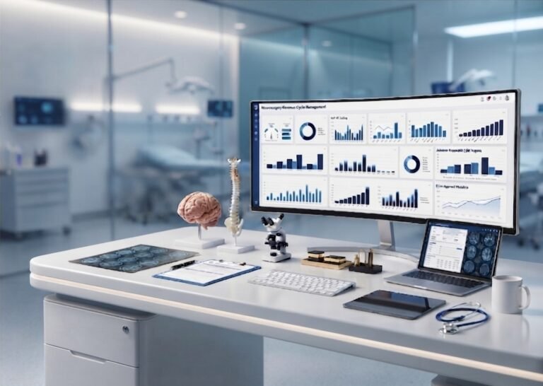 A medical office desk with anatomical models of a brain and spine, a microscope, computer monitors showing charts and graphs, and a laptop with medical scans.
