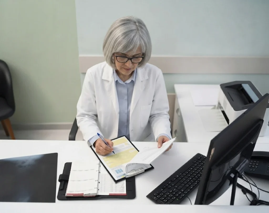 A female doctor in a white coat and stethoscope, with spread arms, holding a tablet displaying revenue cycle charts.