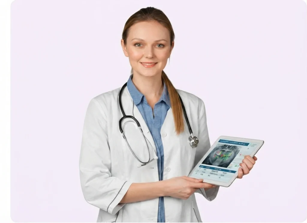 A doctor in a lab coat holding a tablet that projects a glowing green hologram of medical icons and data.