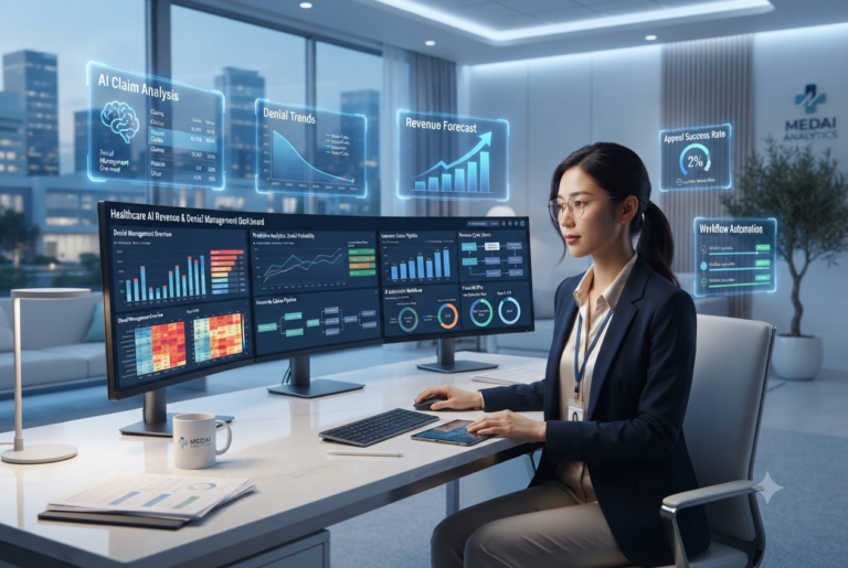 A young female data analyst working on ultra-wide monitors displaying predictive analytics and AI-powered claim workflows, surrounded by floating blue holographic panels.