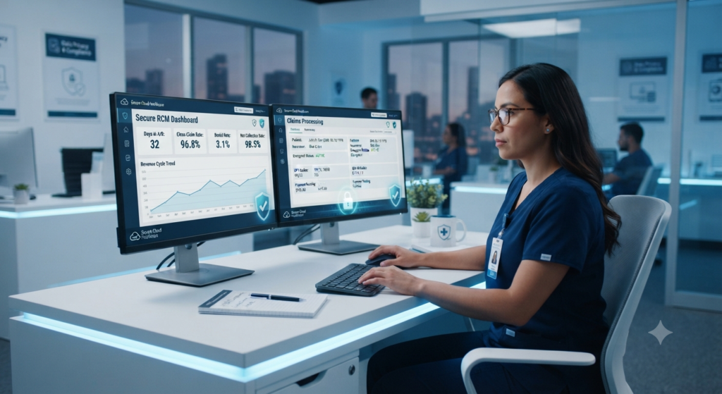 A female healthcare consultant presenting revenue cycle reports on a tablet to a male hospital administrator in a modern corporate office, with floating medical and financial icons in the background.