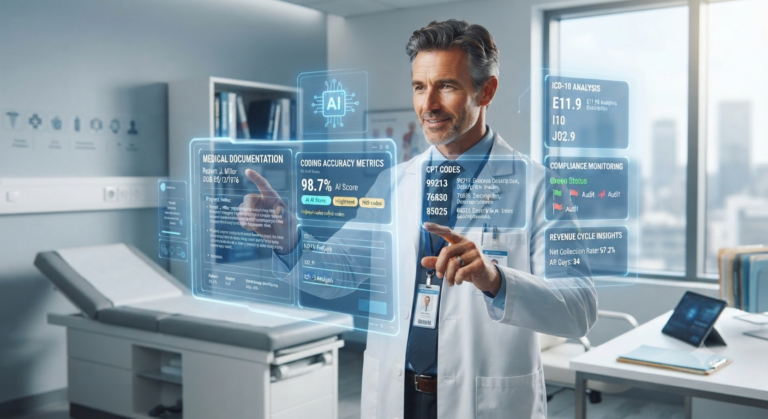An empty luxury medical consulting office desk featuring a laptop displaying healthcare financial analytics, revenue performance charts, and floating blue UI icons.