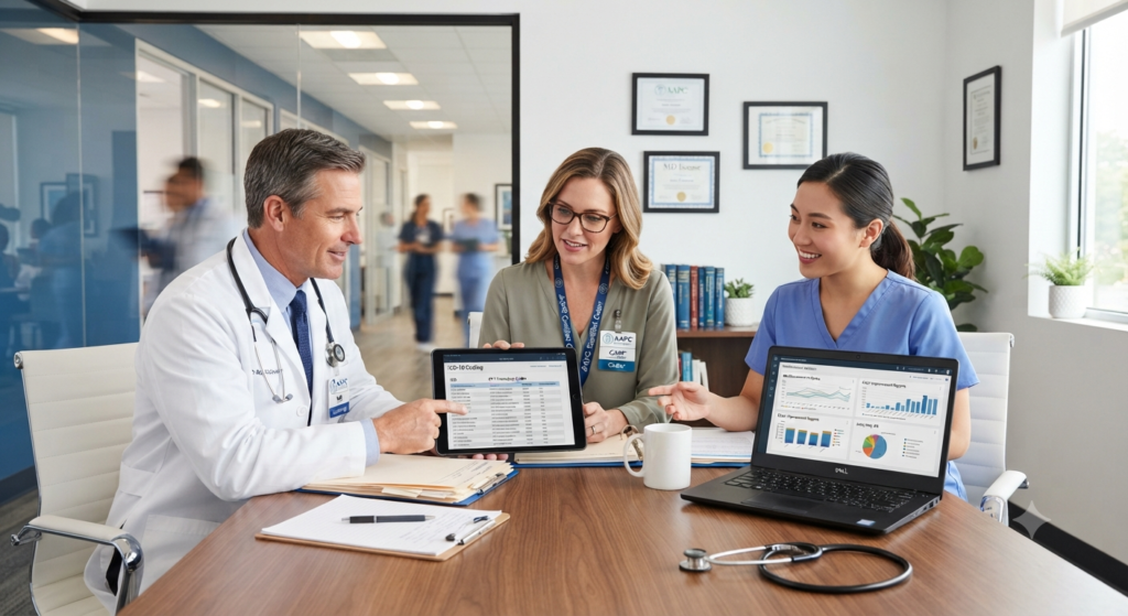 A diverse team of four healthcare professionals (two doctors, a nurse, and an administrator) collaborating in a modern hospital atrium while viewing a holographic revenue cycle analytics dashboard.