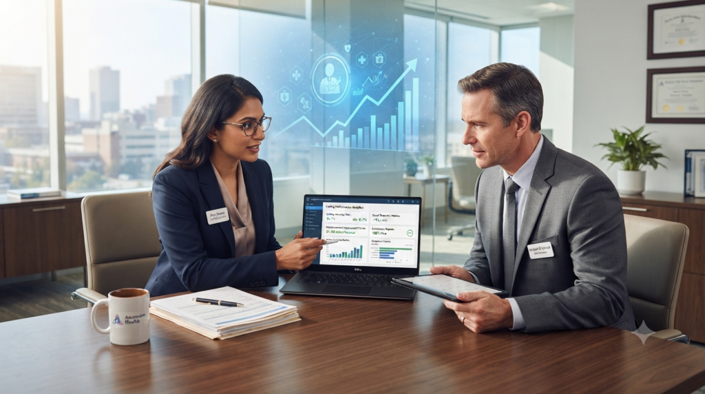 A female medical coding specialist presenting coding performance analytics on a laptop to a male healthcare administrator in a modern executive office, with a blue digital healthcare growth graphic in the background.