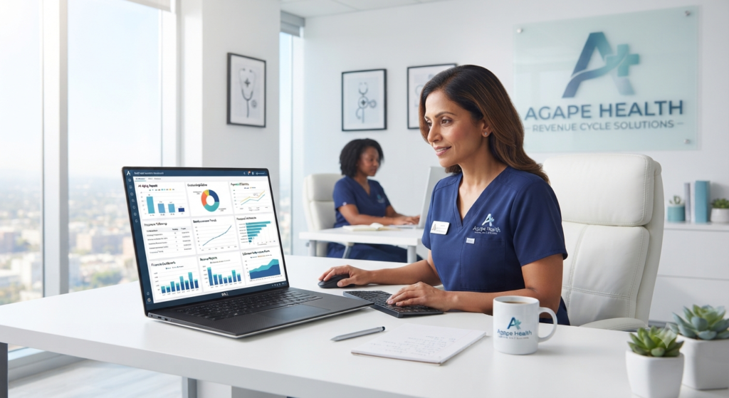 Healthcare Accounts Receivable Management Workspace A billing professional monitoring AR aging reports, outstanding claims, and payment collections on a laptop in a bright white healthcare office.