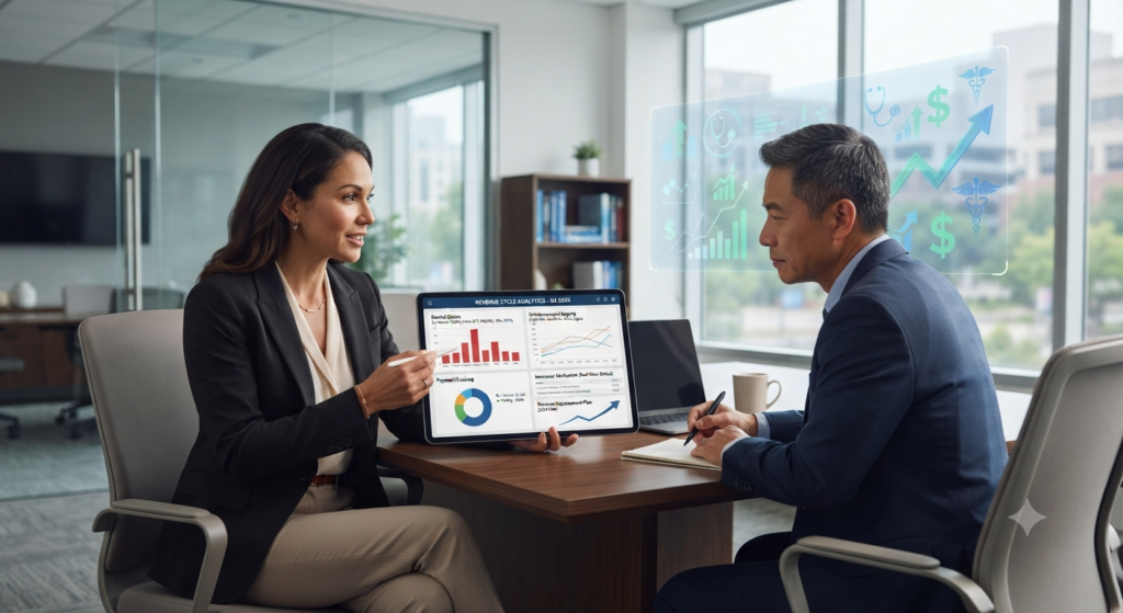 A diverse team of four healthcare professionals (two doctors, a nurse, and an administrator) collaborating in a modern hospital atrium while viewing a holographic revenue cycle analytics dashboard.