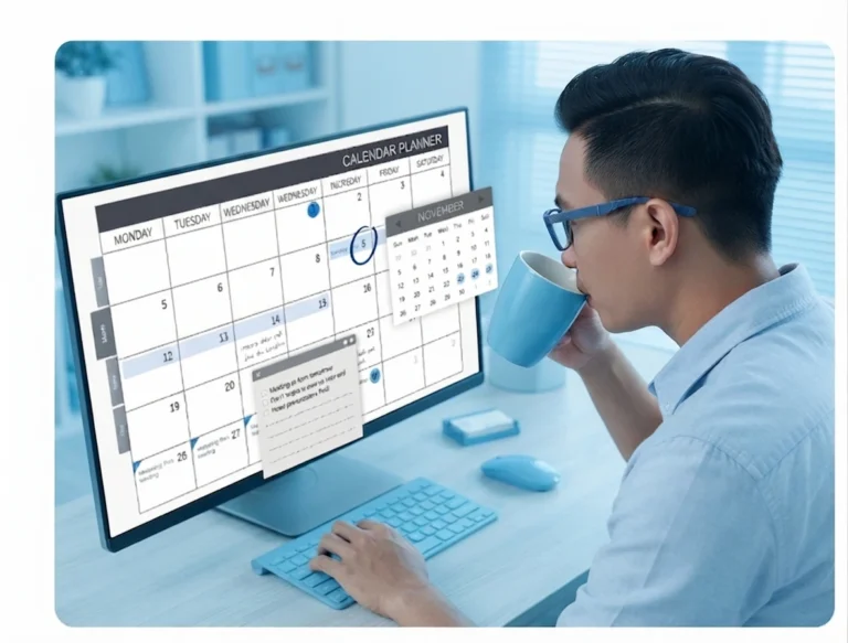 A male agent with a headset working on a computer with invoice documents on the screen.