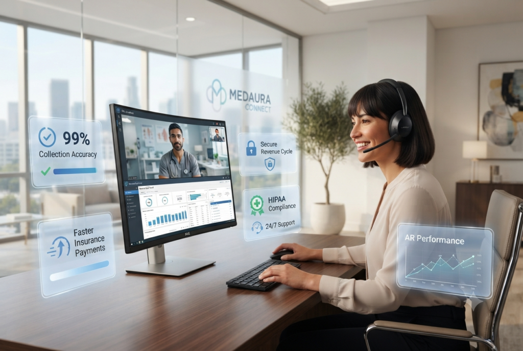 A smiling female client success manager with a headset conducting a virtual consultation with a male healthcare provider, surrounded by data overlays.