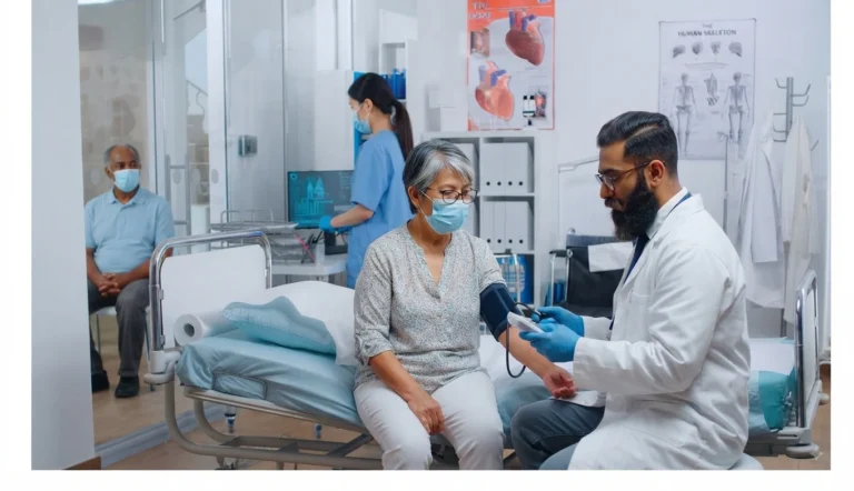 A doctor checking a patient's blood pressure in a modern hospital room.