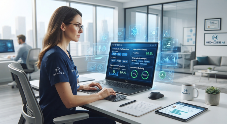 A male doctor and a female professional reviewing a performance dashboard on a tablet at an Ascension Health facility, surrounded by floating holographic icons for JCI, HIPAA, and Quality Assurance.