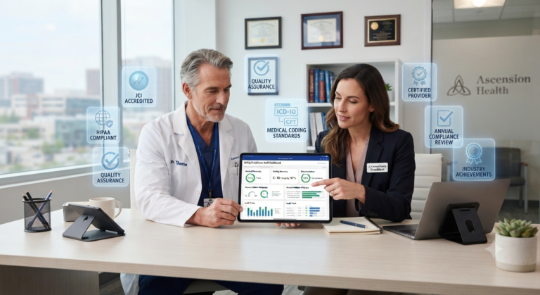 A male doctor and a female professional reviewing a performance dashboard on a tablet at an Ascension Health facility, surrounded by floating holographic icons for JCI, HIPAA, and Quality Assurance.