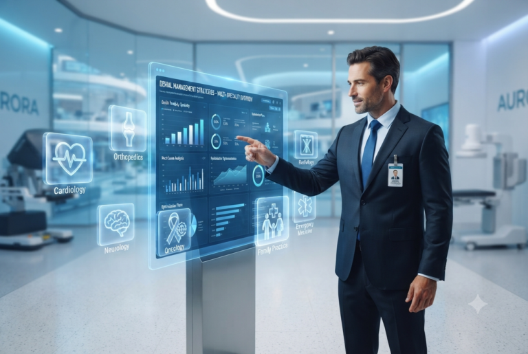 A confident male healthcare consultant interacting with a transparent smart display surrounded by floating medical specialty icons in a futuristic clinic.
