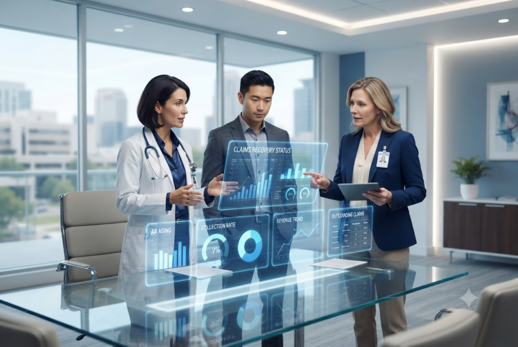 Three healthcare professionals (two female, one male) analyzing a claims recovery status dashboard with graphs and data.