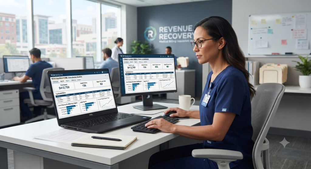 Healthcare billing auditor reviewing Revenue Cycle Assessment reports and financial analytics on a laptop in a modern office.