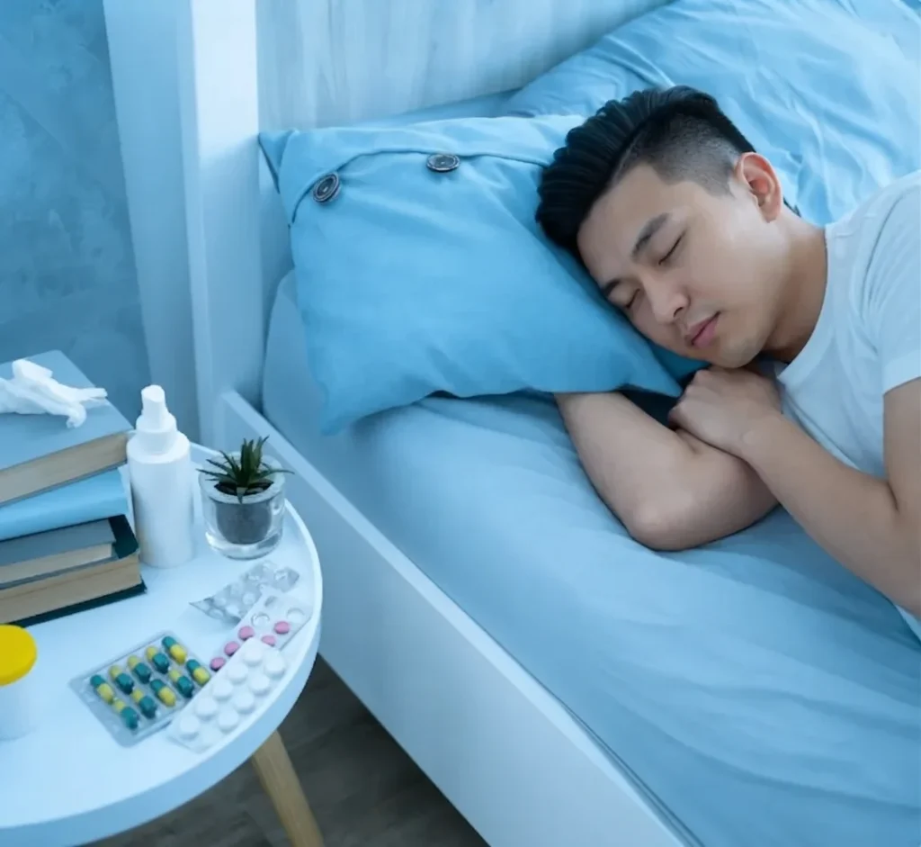 A white round bedside table holds a stack of books, a bottle of nasal spray, tissues, a small potted succulent, a yellow pill bottle, and several blister packs of colorful pills.