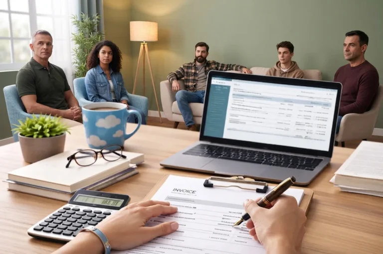 A group of people sitting in armchairs in an office, while a person in the foreground is at a desk writing on an invoice with a laptop and coffee nearby.