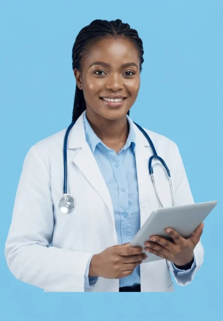 A person in a grey business suit and blue shirt is sitting at a wooden desk, using a white stylus on a tablet that displays a glowing holographic medical network.