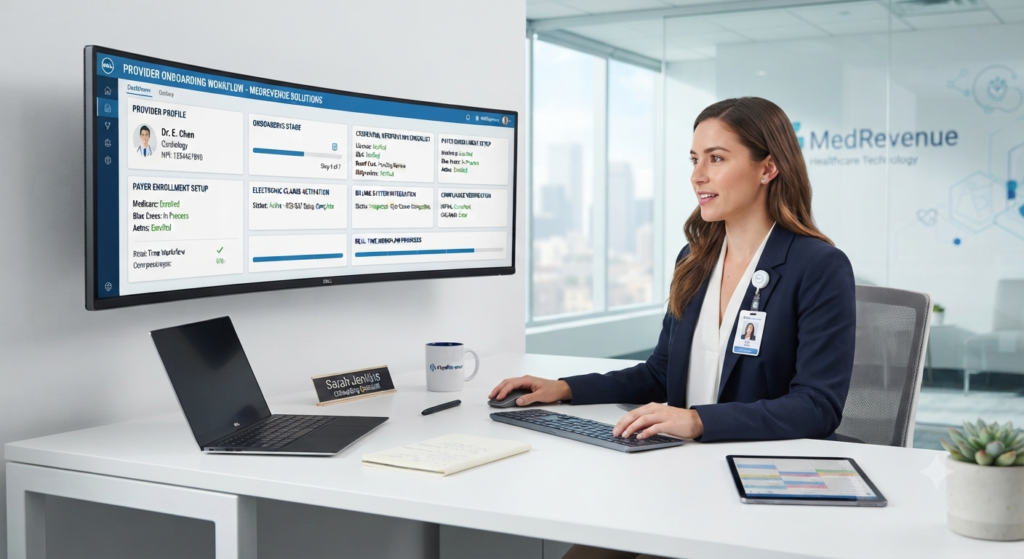A female healthcare specialist in blue scrubs working at a dual-monitor setup in a secure, modern office, with the screens displaying "Secure RCM Dashboard" and "Claims Processing" data and data security shield icons.