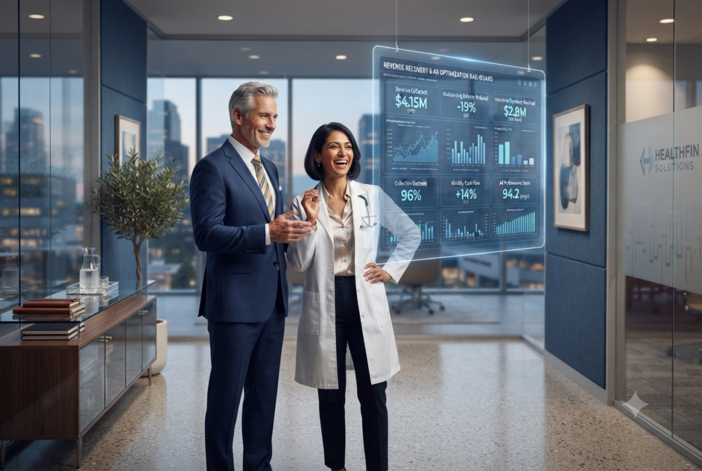 A male finance director and a female physician celebrating successful revenue recovery in a modern office suite.