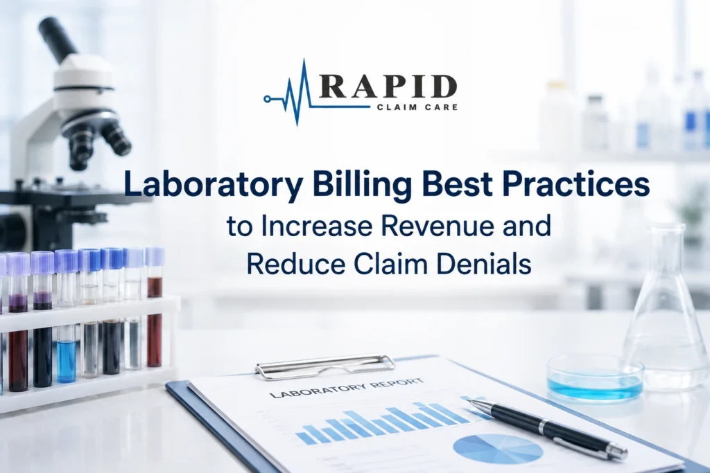 Rapid Claim Care laboratory billing best practices chart on clipboard with blood test tubes and medical microscope.
