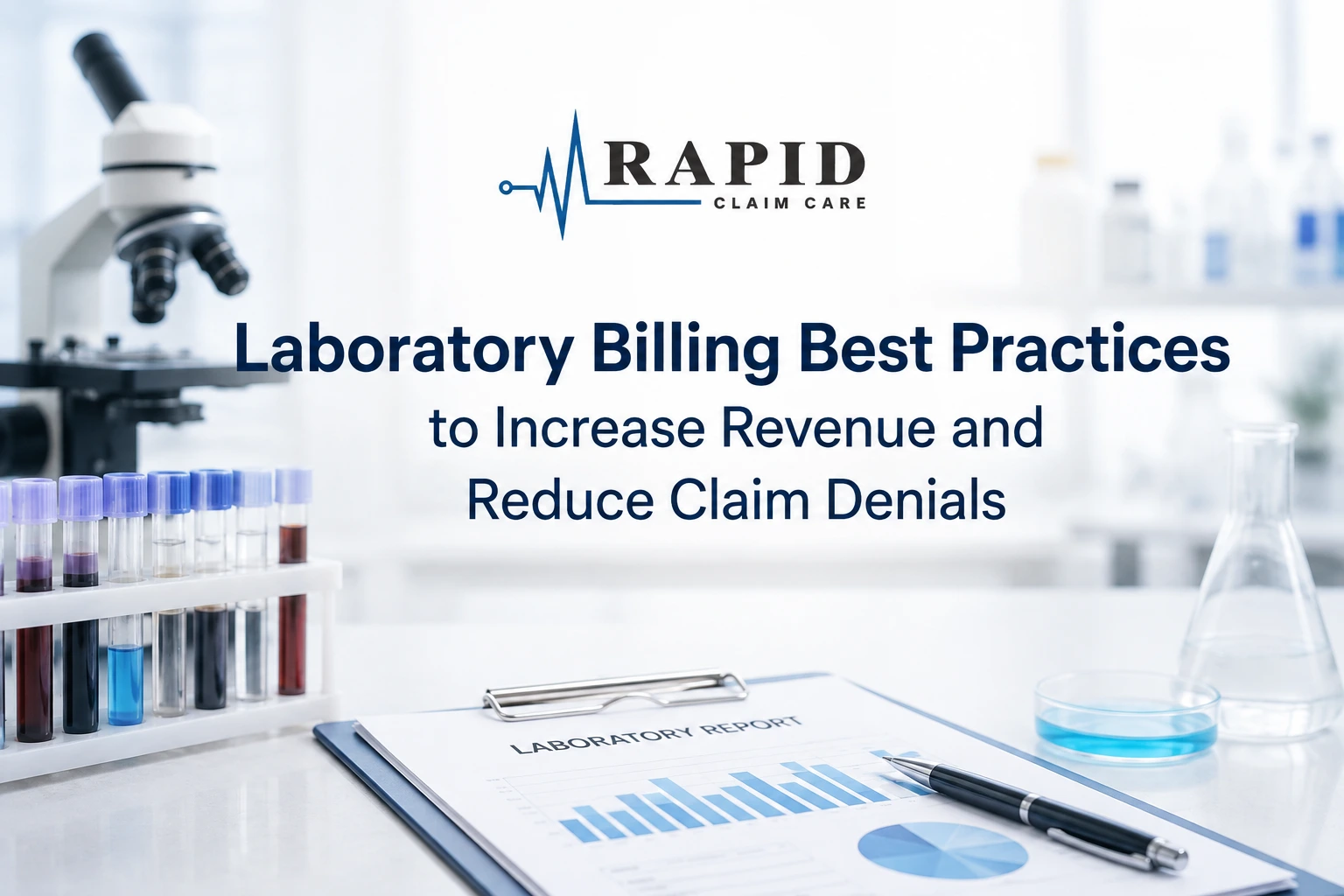 Rapid Claim Care laboratory billing best practices chart on clipboard with blood test tubes and medical microscope.