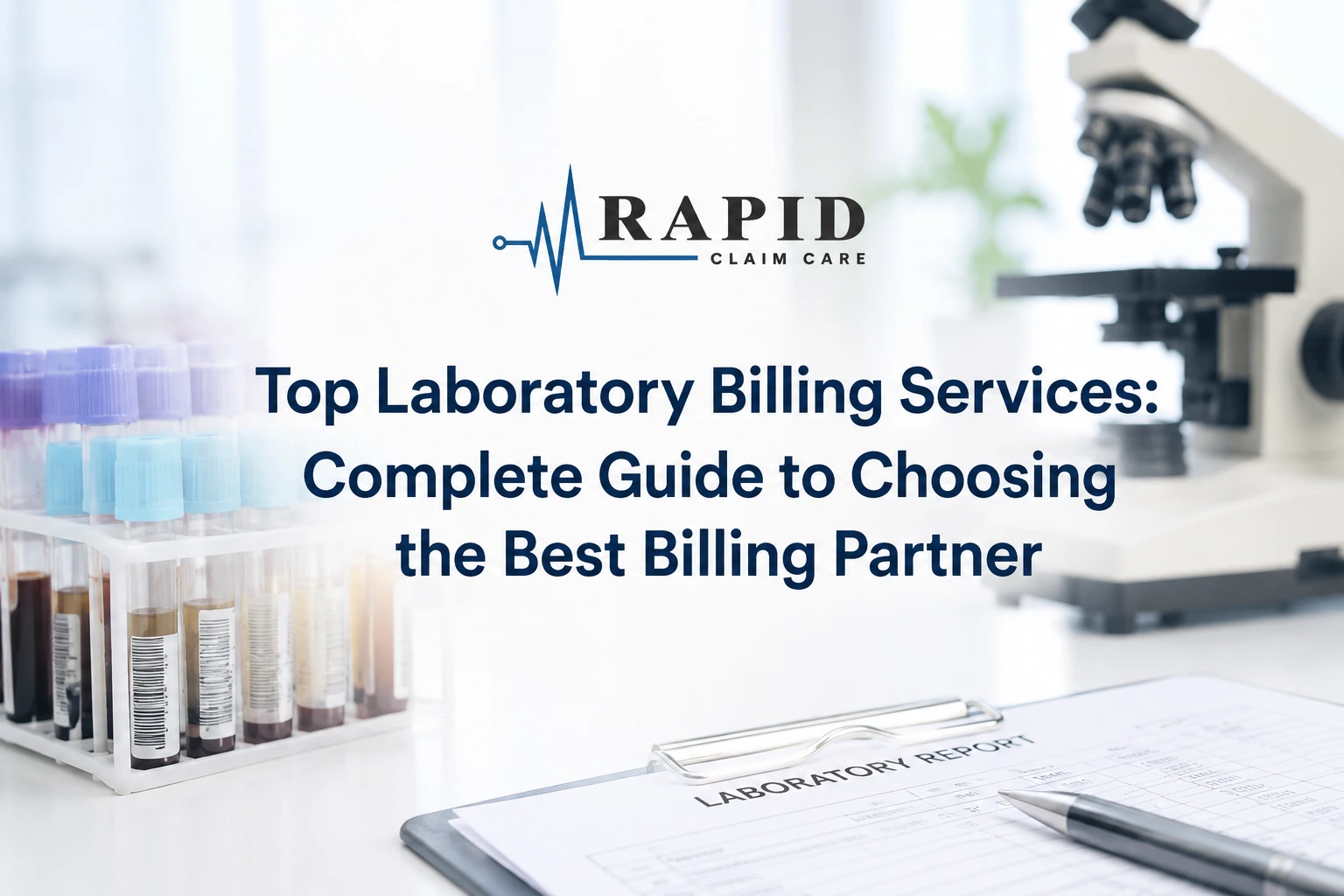 Rapid Claim Care laboratory billing services guide on clipboard with blood sample test tubes and laboratory microscope.
