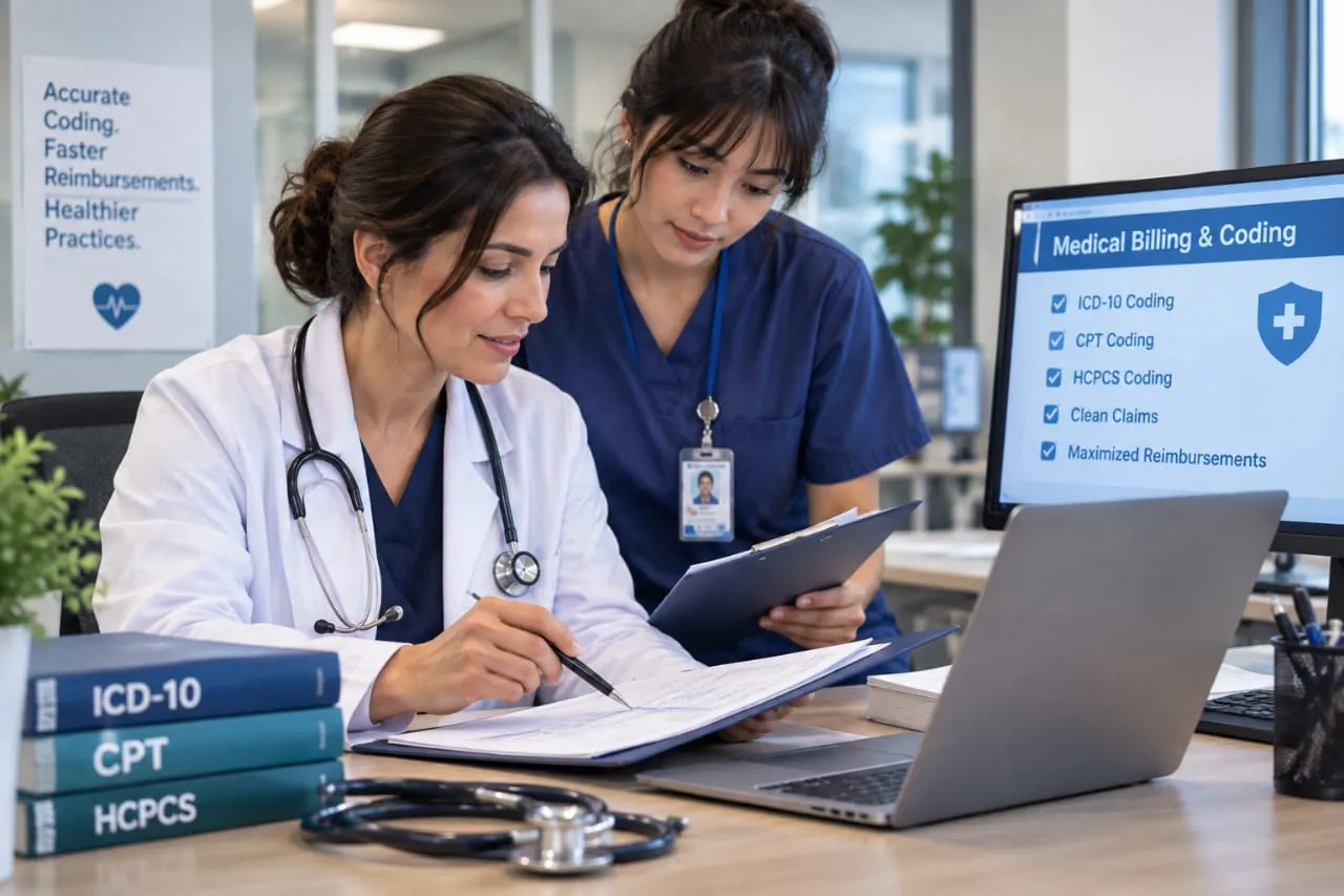 Female doctor and nurse reviewing medical billing records together