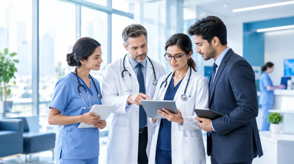 Healthcare professionals discussing medical information in a modern hospital.