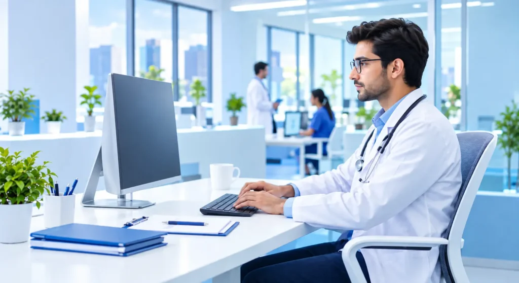 Doctor working at a computer in a modern medical office.