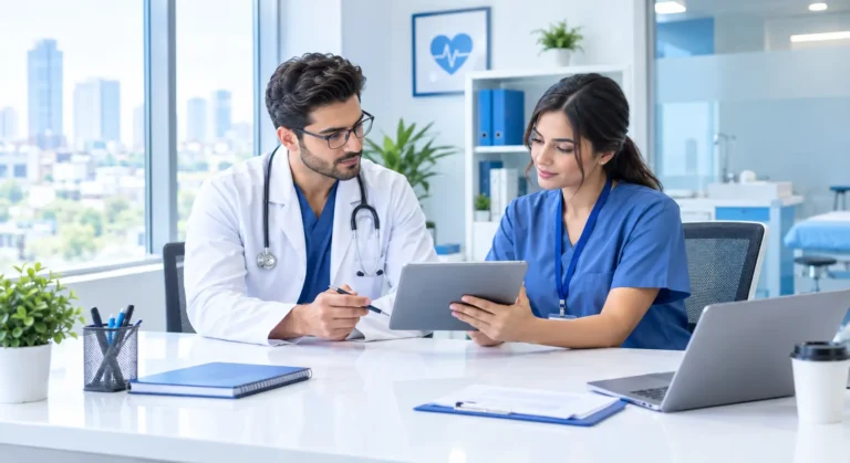 Doctor and nurse discussing patient care in a modern clinic.