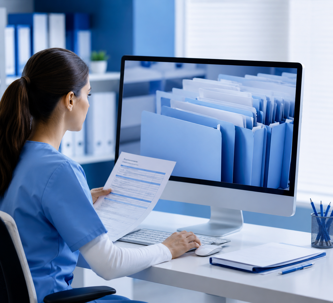 Healthcare professional reviewing authorization documents and patient records at a computer in a modern medical office.