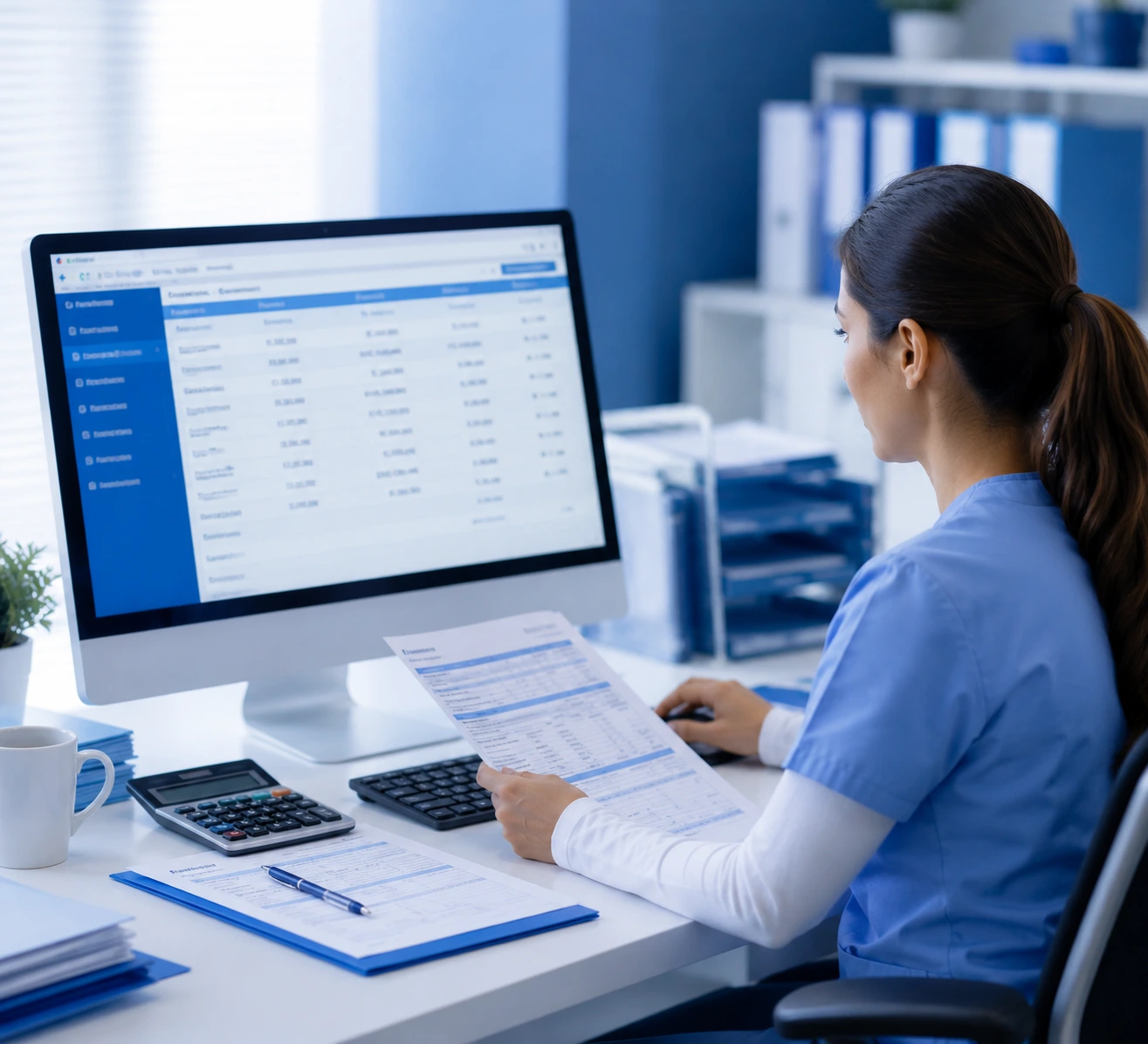 Medical billing professional reviewing payment records and updating financial information on a computer in a modern healthcare office.