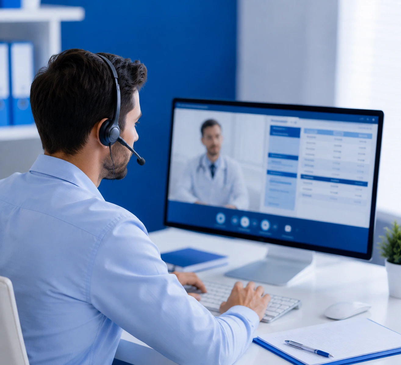 Medical assistant wearing a headset supporting a physician remotely through a computer-based telehealth and patient management system.