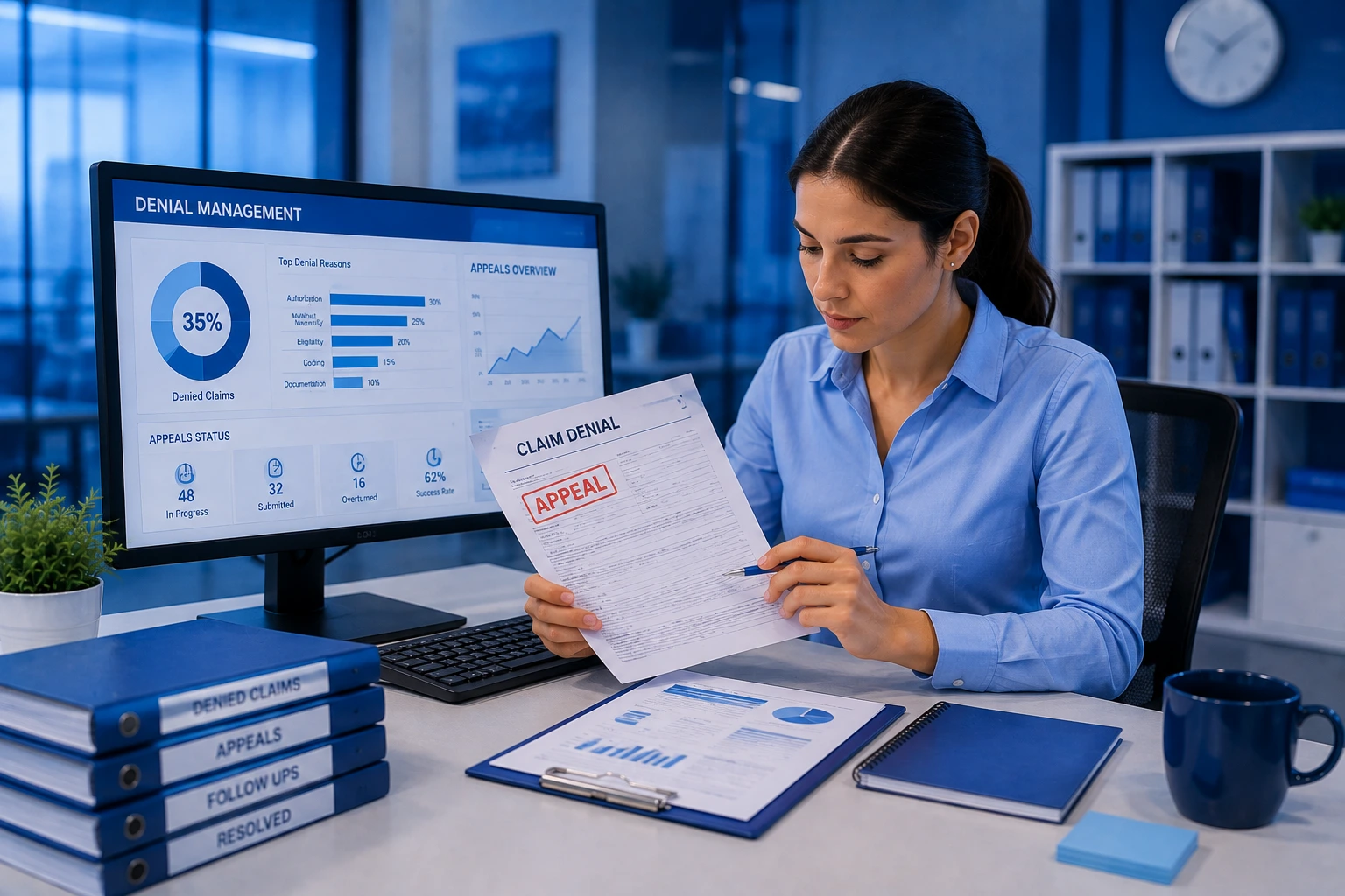 Professional healthcare billing specialist reviewing denied claims and appeal documents in a modern blue office.