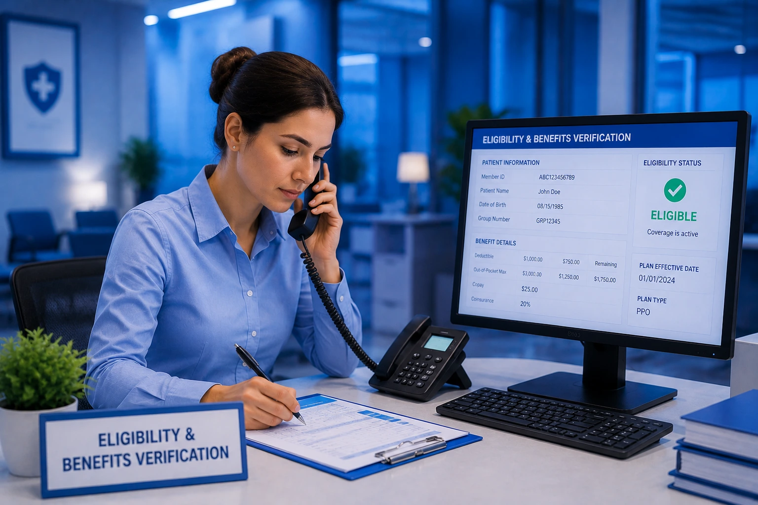 Professional healthcare billing specialist verifying patient insurance eligibility and benefits in a modern blue office.