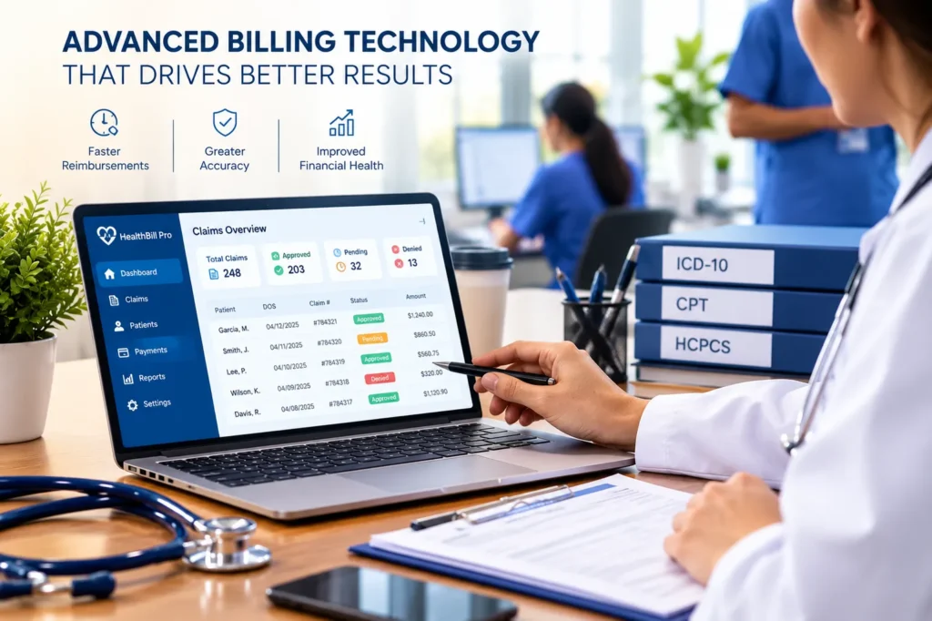 Healthcare professional analyzing medical claims processing software on a laptop.