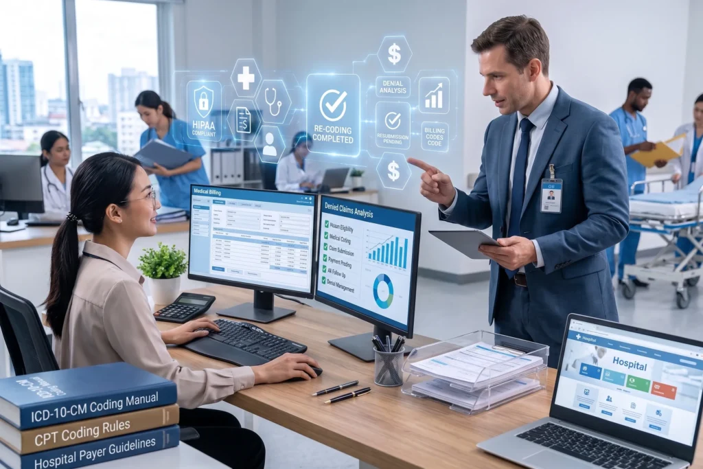Healthcare professionals using a digital Denial Resolution Workflow system on an interactive dashboard in an office.