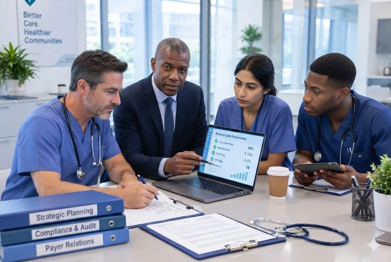 Team of healthcare professionals and medical billing staff