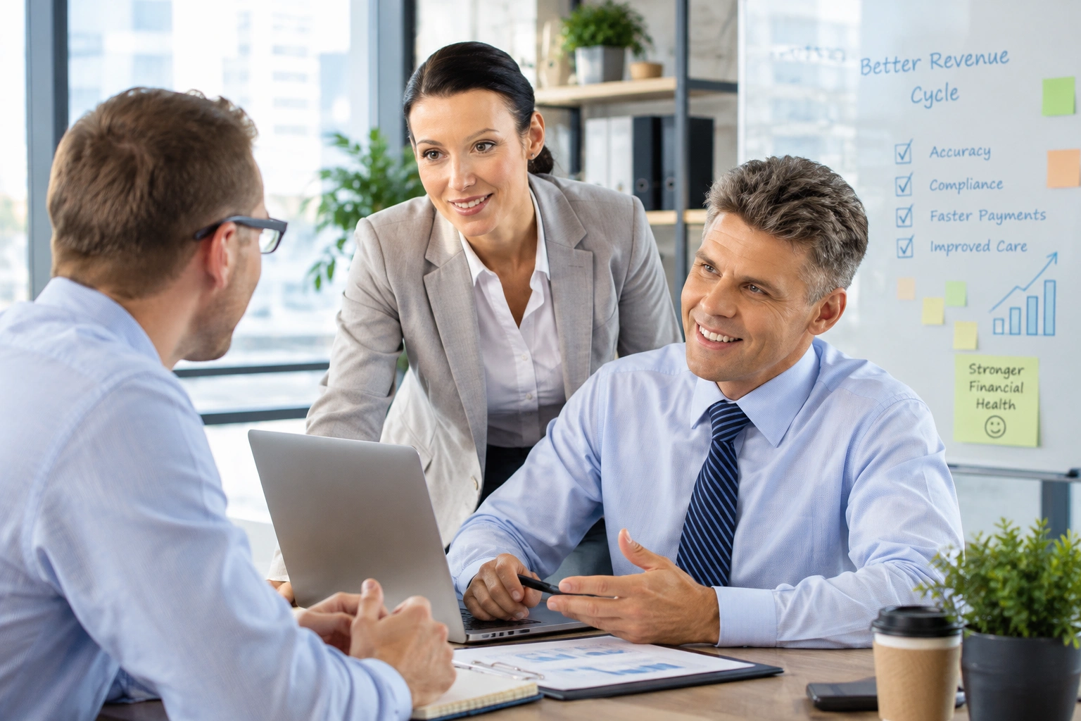 A business meeting in an office where a smiling man in a blue shirt and tie is discussing details with a colleague, while a woman in a grey blazer stands behind them near a whiteboard.