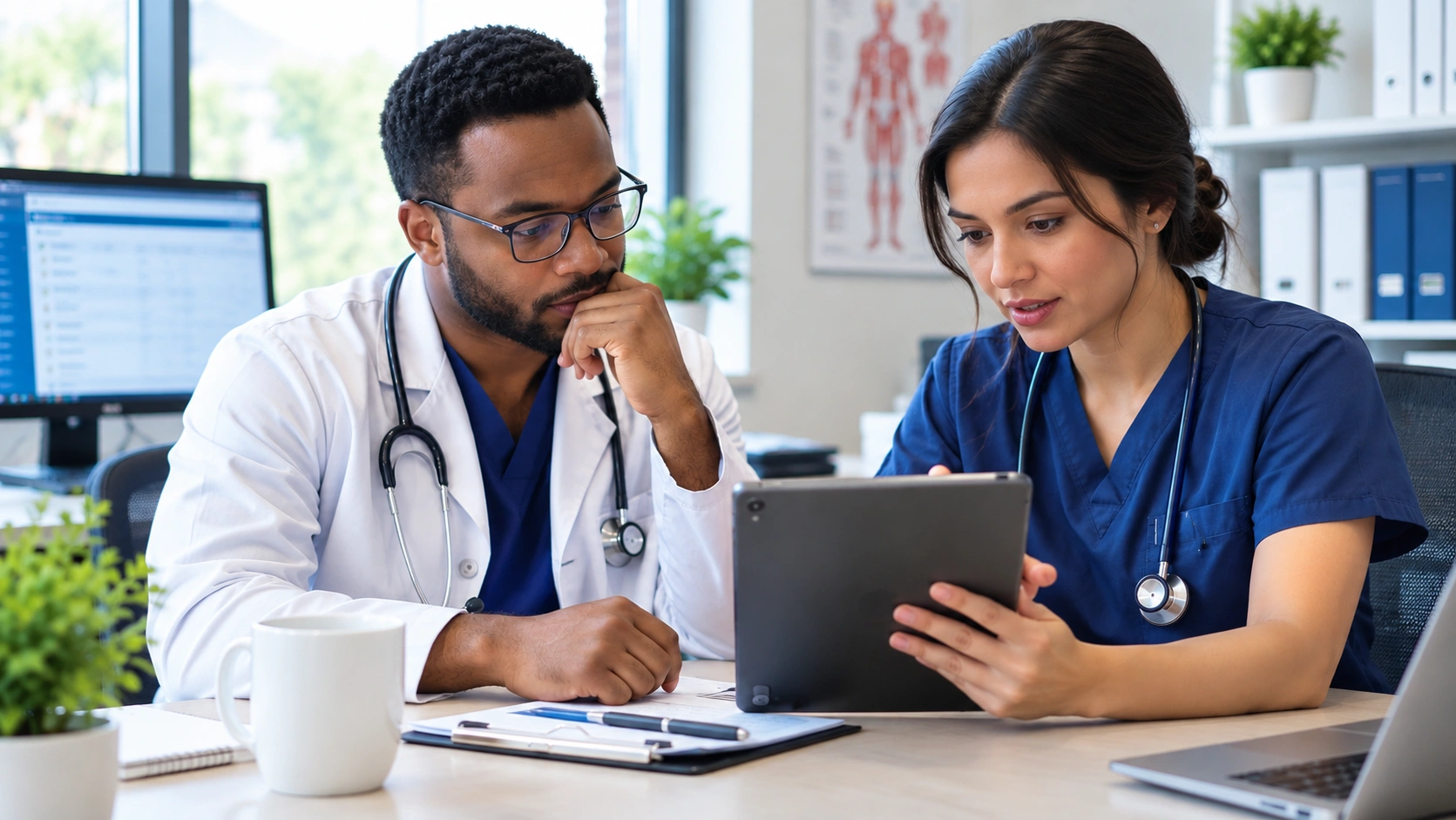 A male doctor in a white coat looking thoughtfully while sitting next to a female medical professional in blue scrubs who is holding and reviewing a tablet.