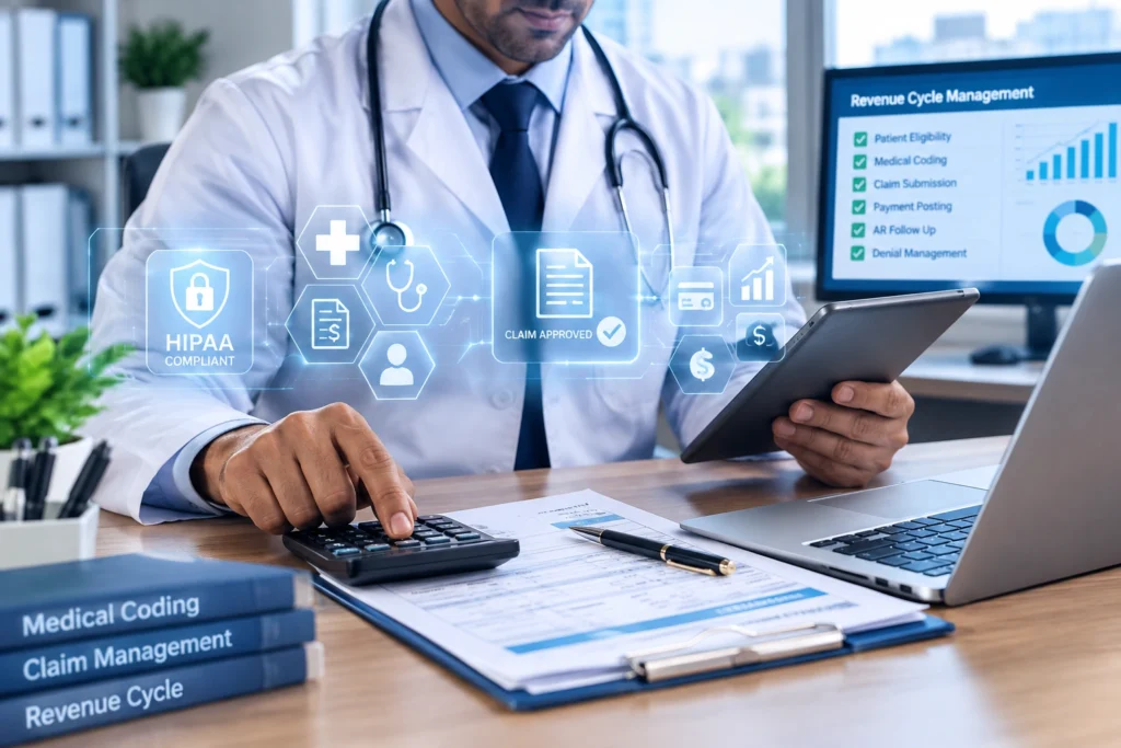 A healthcare professional in a white coat working at a desk with a calculator, laptop, and tablet, overlaid with digital icons related to revenue cycle management, medical coding, and HIPAA compliance.