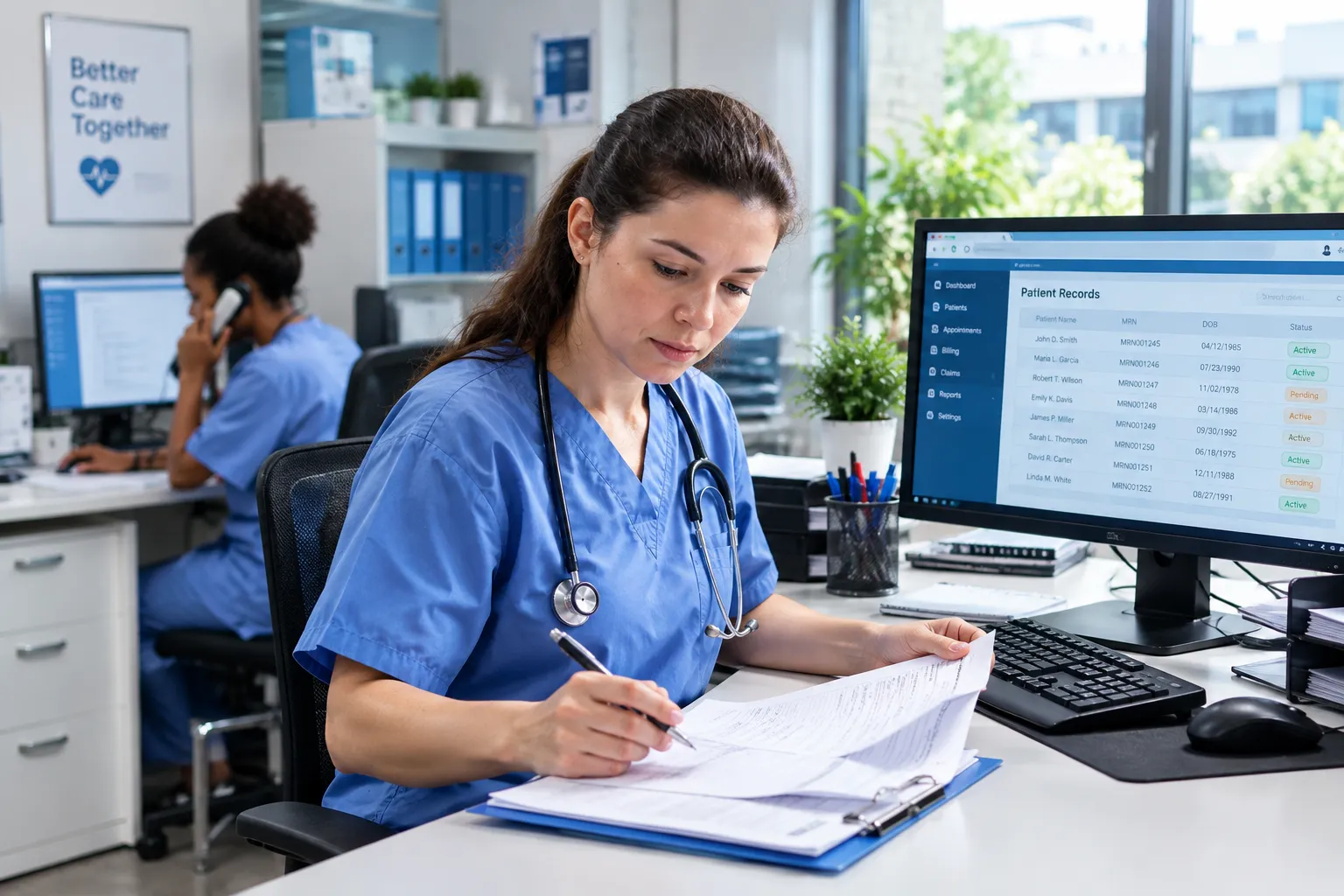 Medical billing specialist conducting patient insurance verification