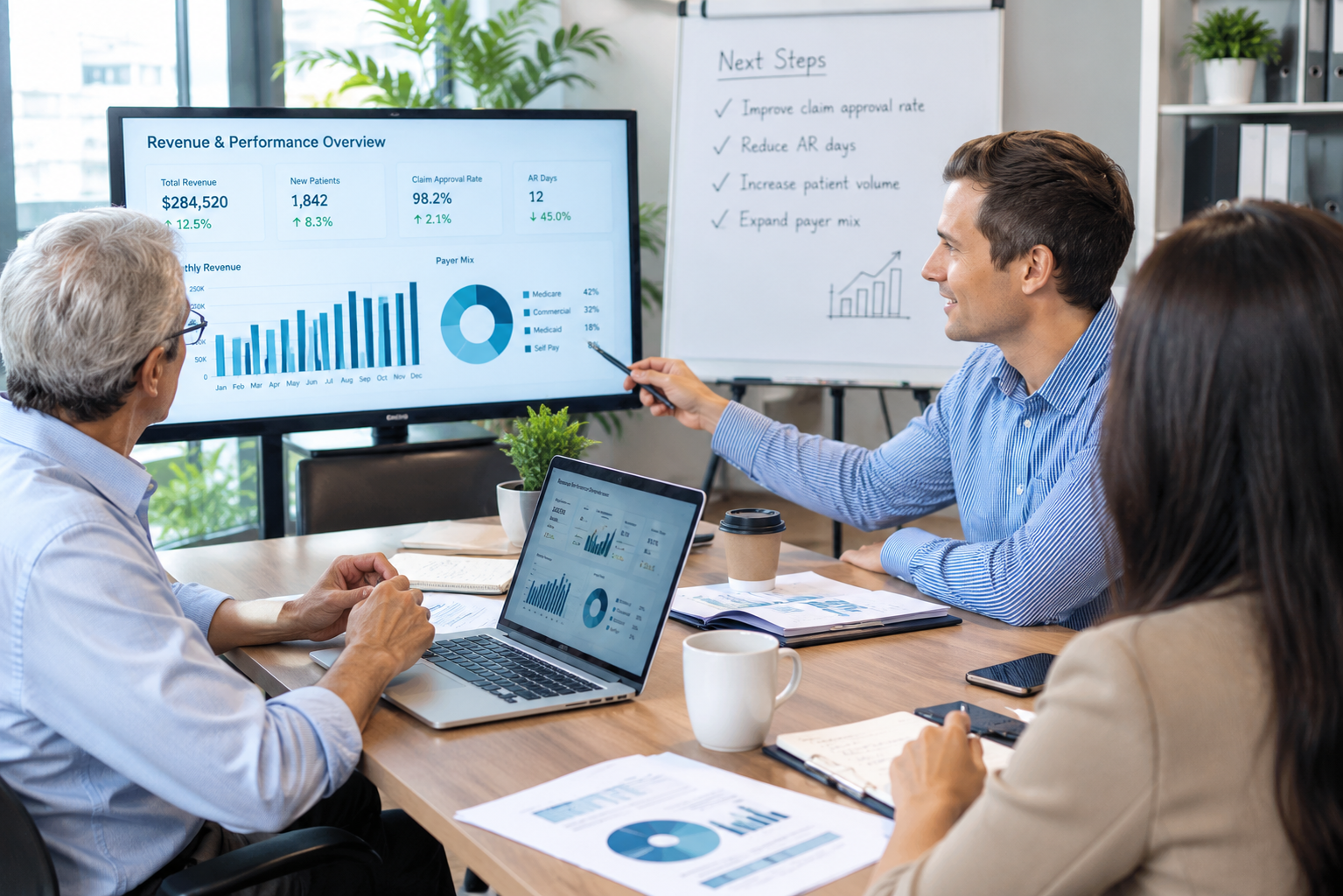 A team of professionals in a meeting room reviewing financial charts and performance metrics displayed on a large screen monitor and laptops.