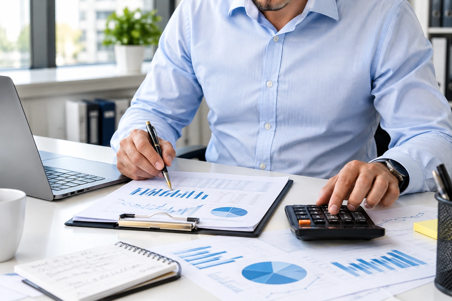 A professional in a light blue button-down shirt working at an office desk with a laptop, calculator, and financial reports with charts.