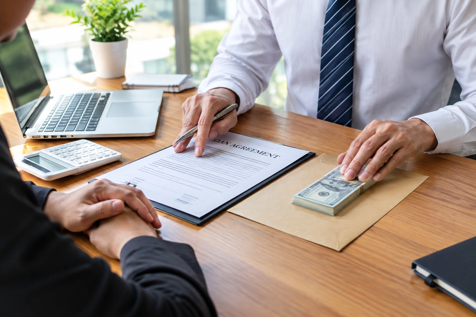 A professional in a white shirt and tie sitting across a desk from a client, pointing at a loan agreement while handling a stack of cash.