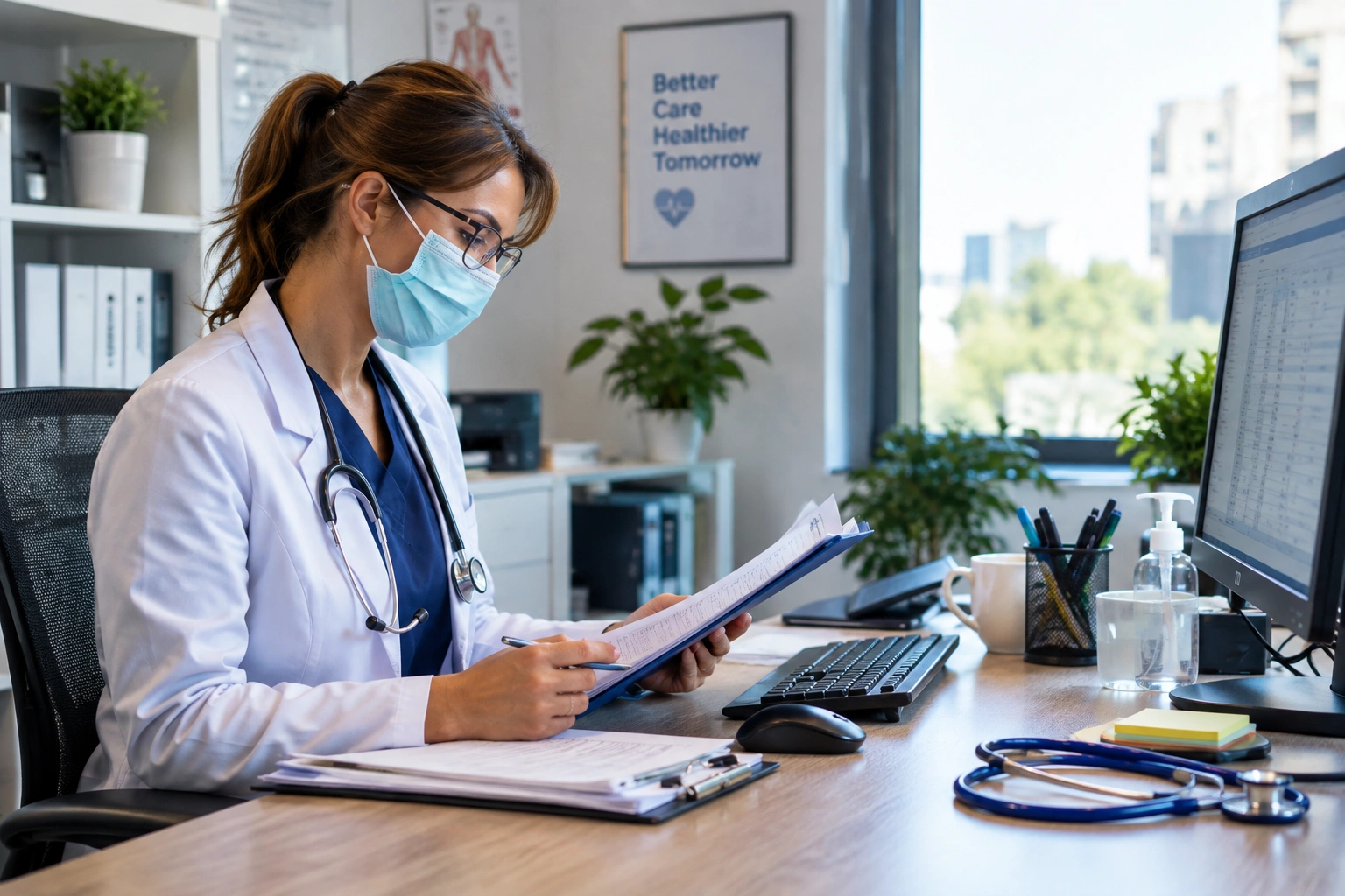 A female doctor wearing a white coat, face mask, and glasses sitting at her desk and reviewing medical documents in an office.