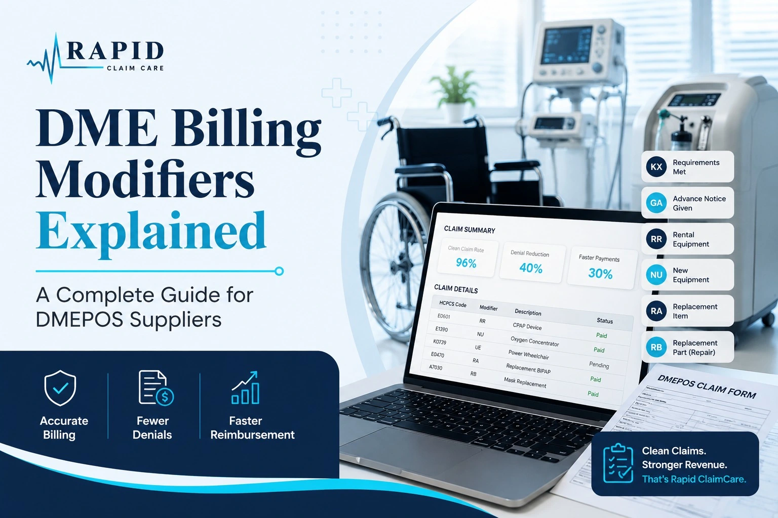 n informational graphic titled DME Billing Modifiers Explained: A Complete Guide for DMEPOS Suppliers by Rapid Claim Care. The image shows a laptop displaying a claim summary with HCPCS codes and common modifiers like KX, GA, RR, NU, RA, and RB alongside medical equipment.
